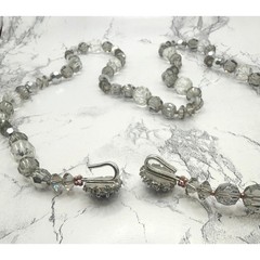 Vintage Smoky Gray White Faceted Glass Necklace 30″ Rhinestone Clasp