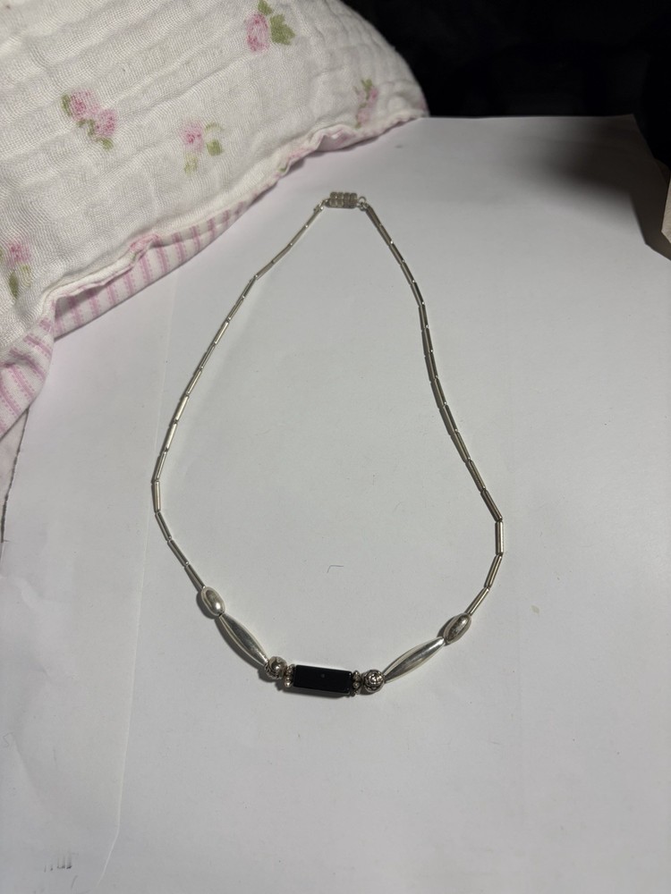 Vintage Liquid Silver And Black Glass Beaded Necklace Measuring 17 Inches