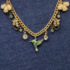 Vintage Tiny Hummingbird Enjoying Flowers, & Rhinestone Raindrop Charms Necklace