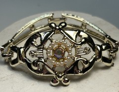 Vintage Aurora Borealis Pink Rhinestone Bracelet Gold Tone Ornate Open Work MCM