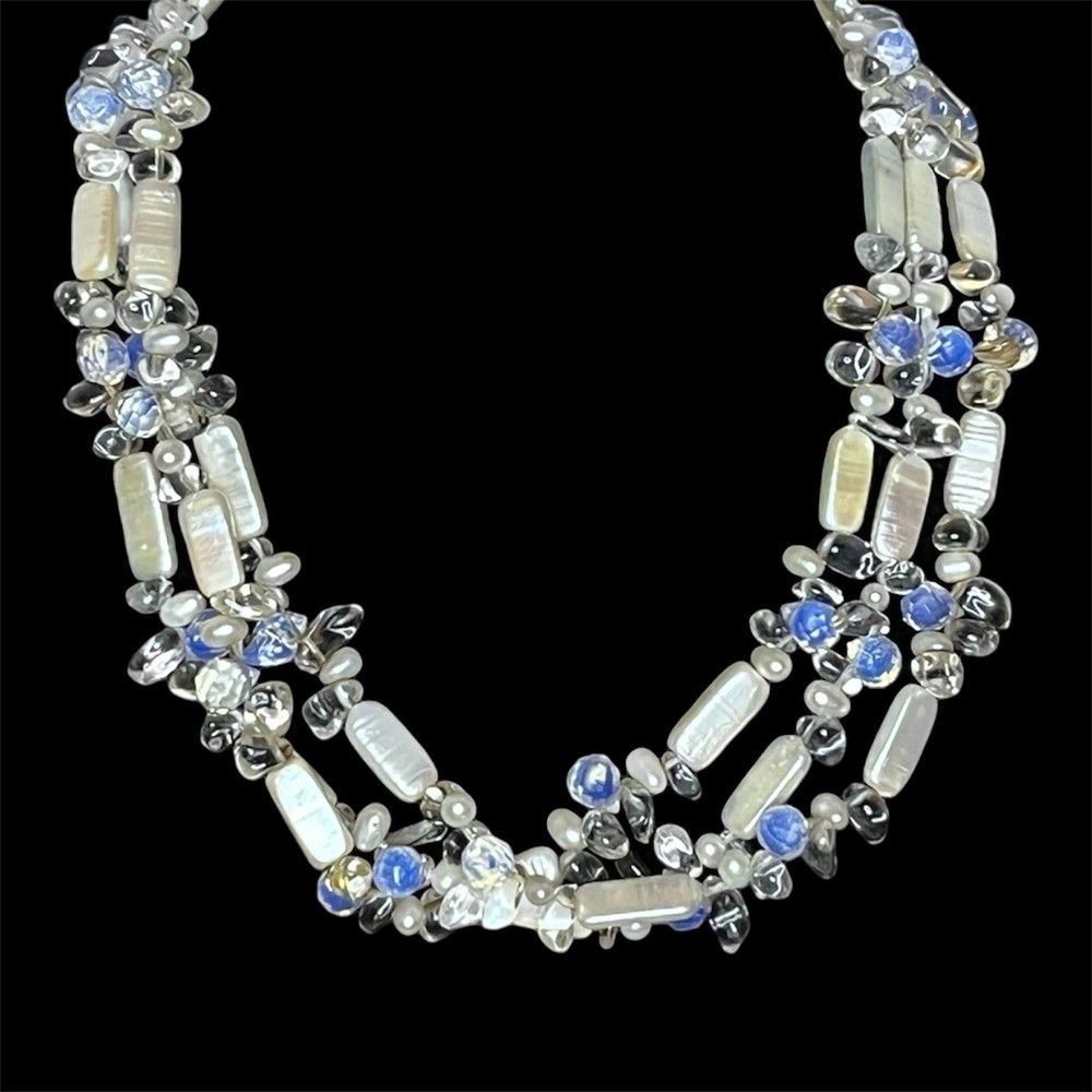 Vintage Unsigned Lucas Lameth 925 Sterling Silver 3 Strand Beaded Necklace Blue