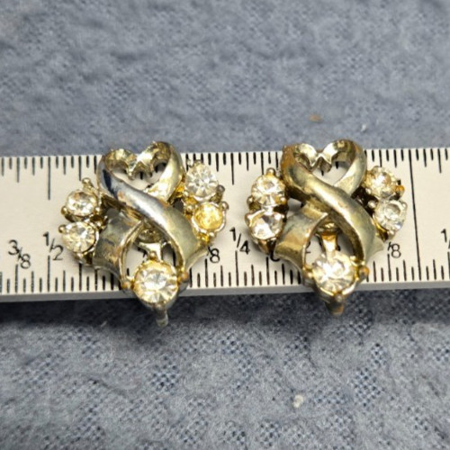 Heart Rhinestones Clip On Gold Tone Twists Screw Back Vintage