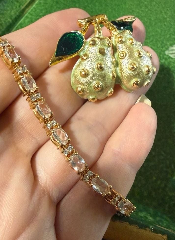 Vint. Pear Brooch with Green Enamel Leaves and Crystal Tennis Bracelet Set