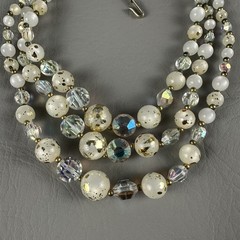 Vintage Beaded Necklace 3 Strand White Lucite AB Crystal Gold Fleck 15″