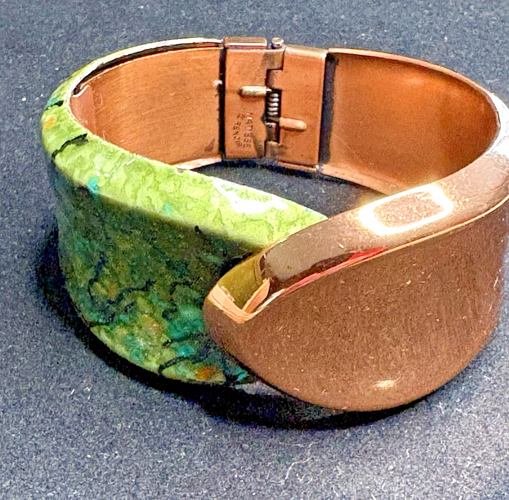 Vintage Matisse Renoir Green Enamel Copper Hinged Bracelet ~ FREE Shipping