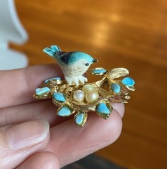 Vintage Swoboda Blue Bird On Nest Brooch With Turquoise and Pearls