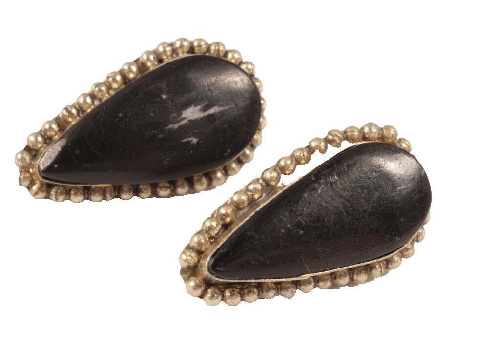 Vintage Sterling MCM Onyx Teardrop Clip On Earrings 1.5 Inches Long