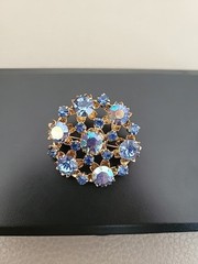Vntg Domed Round Blue Rhinestones & Aurora Borealis Crystals Golden Brooch