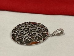 Vintage TH 14k Solid White Gold Mother Of Pearl Filigree MOP Round Pendant 4.13g