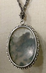 Vtg 1970s Oval Pendant Cabochon Necklace Grey Green Clear Agate? Large Groovy