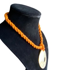 Vintage Orange Bead Necklace Mother Of Pearl Shell Spiral Pendant Tribal