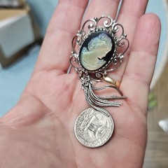 Oval Cameo Portrait Brooch Pin Silver Tone Filigree Frame Dangle Tassel