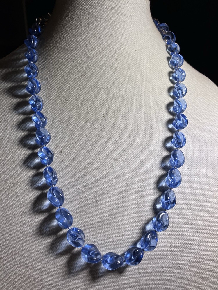 RARE ART DECO CZECH PRESSED GLASS BEAD NECKLACE C.1920 26” BLUE SWIRL