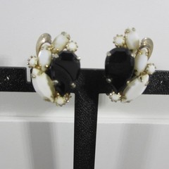 Vintage Milk Glass Earrings Black Glass Rhinestone Gold Tone Clip Ons