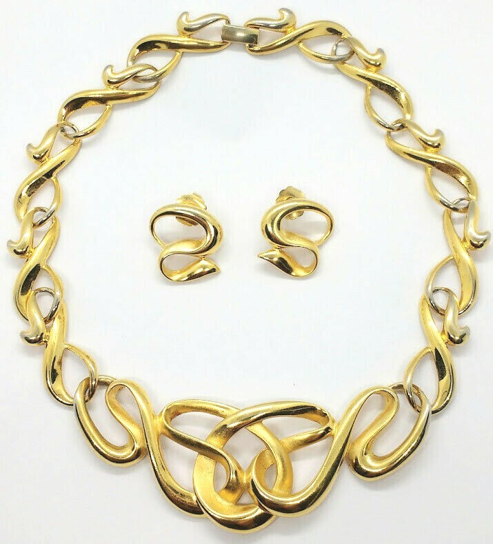 Vintage 1970’s Erwin Pearl PEP Gold Plated Modernist Choker Necklace & Earrings