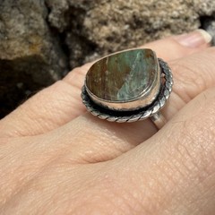 Green Brown Jasper Ring 6.5 Sterling Silver Twisted Rope Boho Southwestern