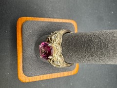 Vtg Sterling Silver 925 Pink Tourmaline Glass Statement Ring Filigree Size 9.75