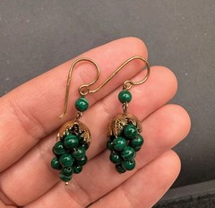800 Silver Marked Gold Tone Malachite Round Beaded Cluster Grapes Earrings