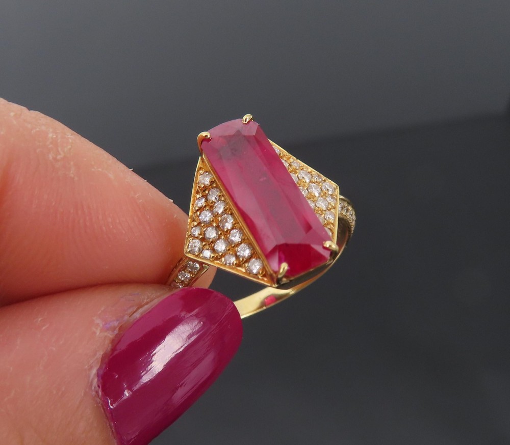 GIA Certified 3.79ct Step Cut Ruby 0.41ct Diamond 18K Yellow Gold Ring Size 7.5