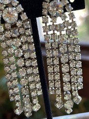 Vintage Huge Prong Set Rhinestones Chandelier Dangle Drop Clip On Earrings
