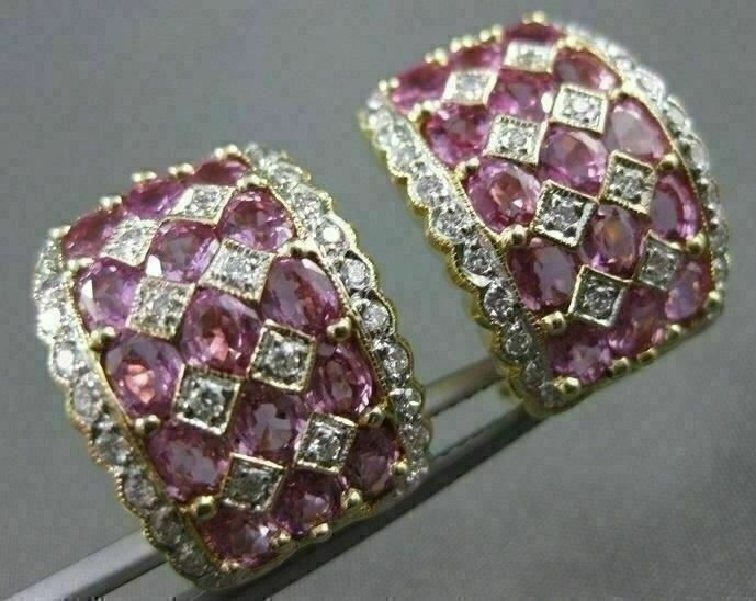 WIDE 2.90CTW PINK SAPPHIRE DIAMOND 18KT WHITE & YELLOW GOLD EARRINGS #21752