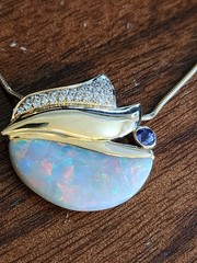 Vintage 9ct Opal 14k Yellow Gold Pendant With Diamond & Tanzanite Accents