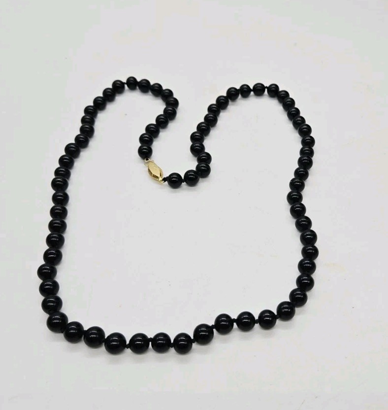 Black Glass Beaded Necklace Hand-Knotted MJ Signed Clasp Gold tone 26 in