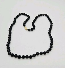 Black Glass Beaded Necklace Hand-Knotted MJ Signed Clasp Gold tone 26 in