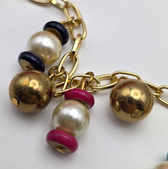 Vintage Gold Tone Faux Pearl Colorful Disc Fringe Necklace Earrings Set 36 In