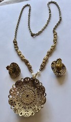 VINTAGE WEST GERMANY CAMEO BROWN RHINESTONE AND FAUX PEARL NECKLACE & EARRINGS
