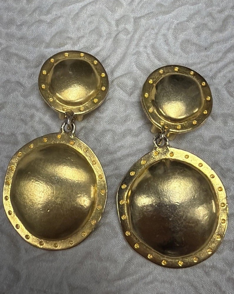Vintage R.J. Graziano Signed Matte Gold-Tone Shield Drop Clip-On 2.5” Earrings