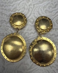 Vintage R.J. Graziano Signed Matte Gold-Tone Shield Drop Clip-On 2.5” Earrings