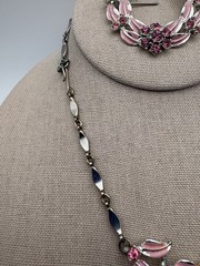Vintage Pink Enamel Rhinestone Necklace And Pin Set- See Description