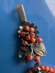 Antique Yellow Gold + Silver Coral Seed Pearls Hand Painted Portrait Pendant