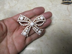 Gold and White BOW pin brooch Vintage MILK GLASS rhinestones