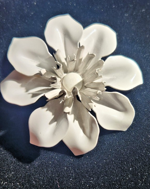 Vintage White Enamel on Metal Flower Pin Brooch Unique sculpted retro summer