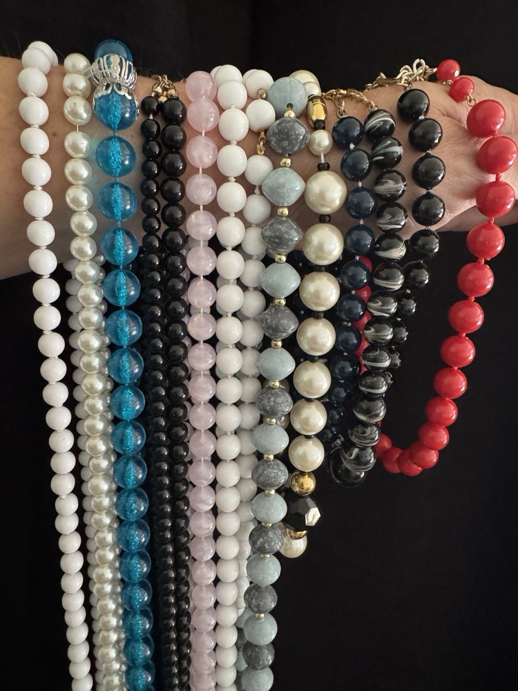 13 Vintage Beaded Necklaces, Varied Lengths And Colors. Lightweight.