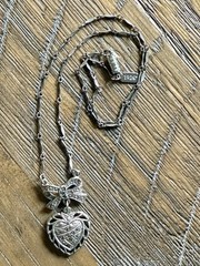 Vintage 1928 Heart And Bow Pendant Necklace Silver Tone Marcasite Accents 17”in