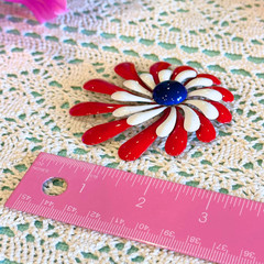 Vintage Red White Blue Enamel Flower Brooch Mid Century Atomic Starburst Pin