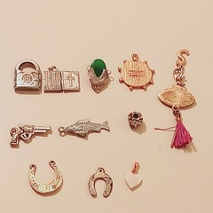 Vintage Silver Tone Charm Lot Yale Padlock Bible Gun Fish Horseshoe Jade Jewelry