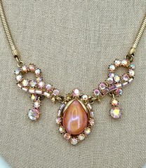 Vintage 50’s Hollycraft set Moonglow glass pink ab crystals lavalier neckla