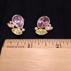 Swarovski Swan Gold Tone Lavender Yellow Pink Crystal Earrings Clip-On