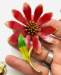 Lot VTG Red Mod Enamel Flower Brooch, Red Blue Earrings & Liz Claiborne Brooch