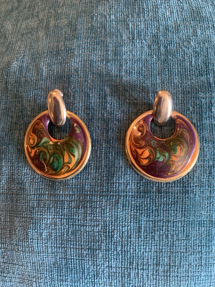 Vintage Colorful Swirl Gold Tone Round Metal Earrings-Push On Backs. 1-3/8 Inch