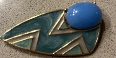 Vtg Trifari Teal Enamel Blue Cabochon Geometric Space Age Gold Tone Brooch H10