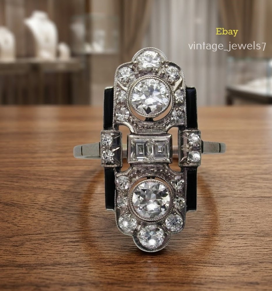 3CT Lab Created Diamond Vintage Art Deco Long Shield Cocktail Ring 14K Gold Over