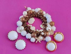 Gold Tone Starfish Statement Bracelet and Earrings Set Nautical Pearl Sea Life