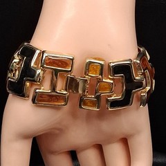 Vintage Gold Tone Link Bracelet Black Brown Enamel. 18.151