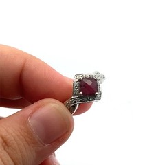 14K White Gold Pink Red Tourmaline Square Checkerboard Cut Diamond Ring Size 7