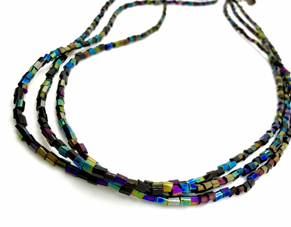 Vintage 1970’s Necklace 3 Strands Peacock Iridescent Green Blue